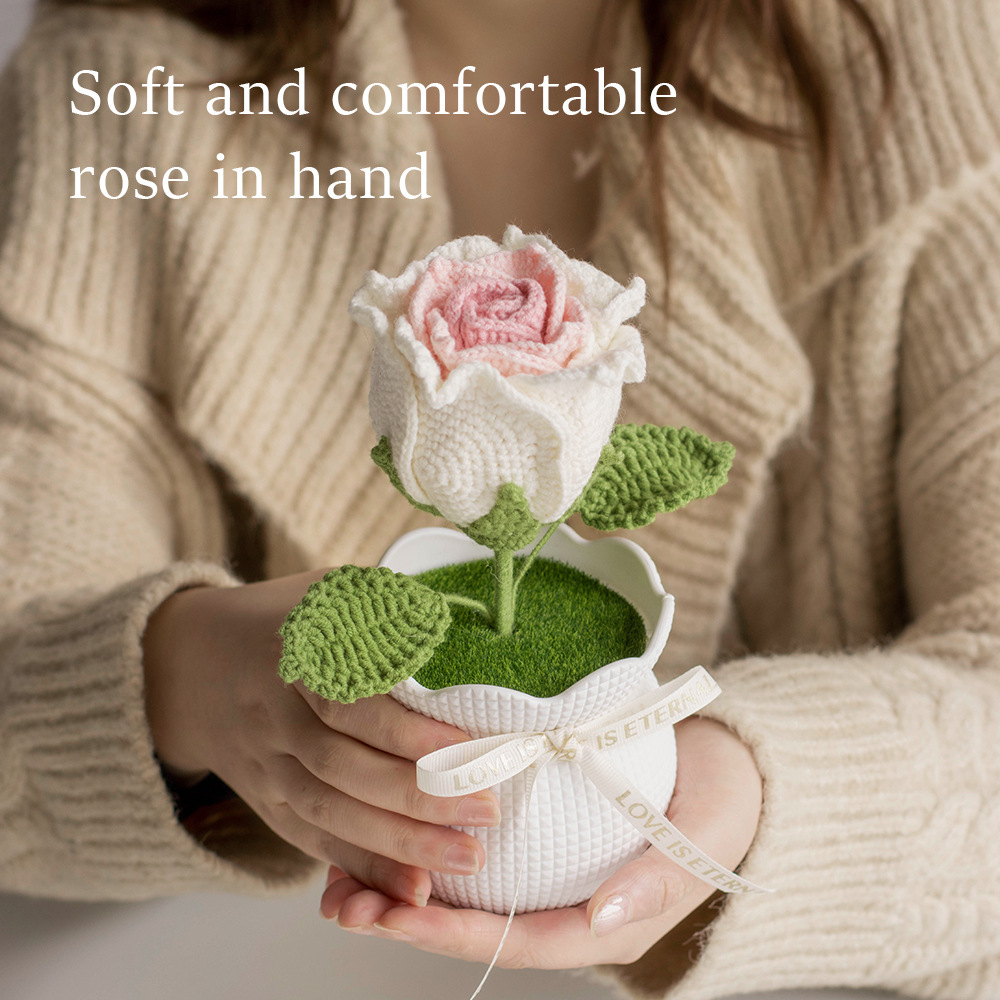 Ready-made hand-knitted rose artificial flower potted plants, office desktop potted plants, knitted flower ornaments, artificial flowers wholesale Specification image