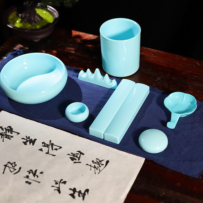 Four Treasures of the study accessories: imitation jade pen, pen holder, ruler, pen rest, imitation ceramic plastic water-washable paperweight pen, pen stop details Picture