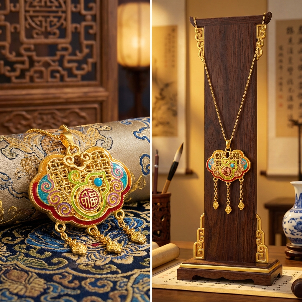 传统中式金色福字手工雕刻金包银镶嵌祥云纳福金珐琅坠项链