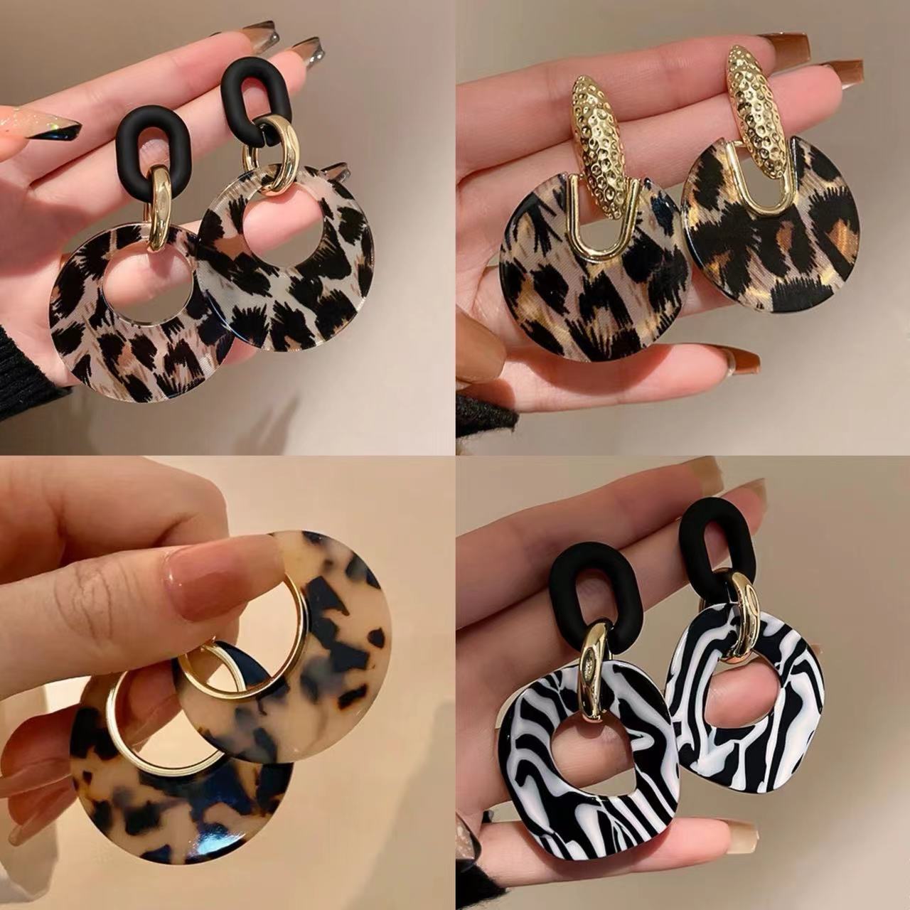 真金电镀银针豹纹星星圆圈耳环欧美潮流设计感耳坠气质氛围感耳饰