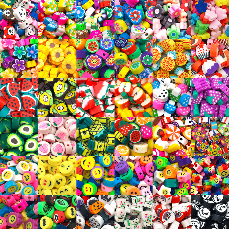 100个软陶隔珠混色水果卡通英文字母穿孔散珠 切片手链串珠材料