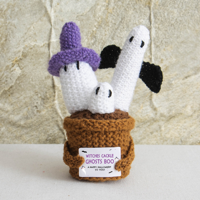 Halloween cross-border new funny expression dolls, positive energy woolen knitted ghost ornaments, potted plant card dolls details Picture