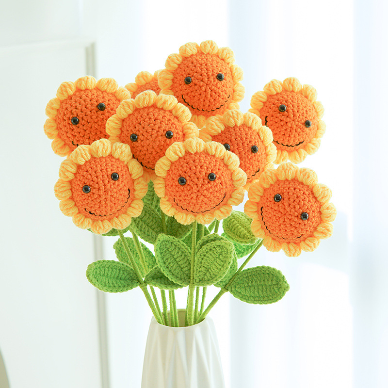 教师节手工编织仿真花笑脸向日葵成品永生花毛线创意花朵摆件礼品
