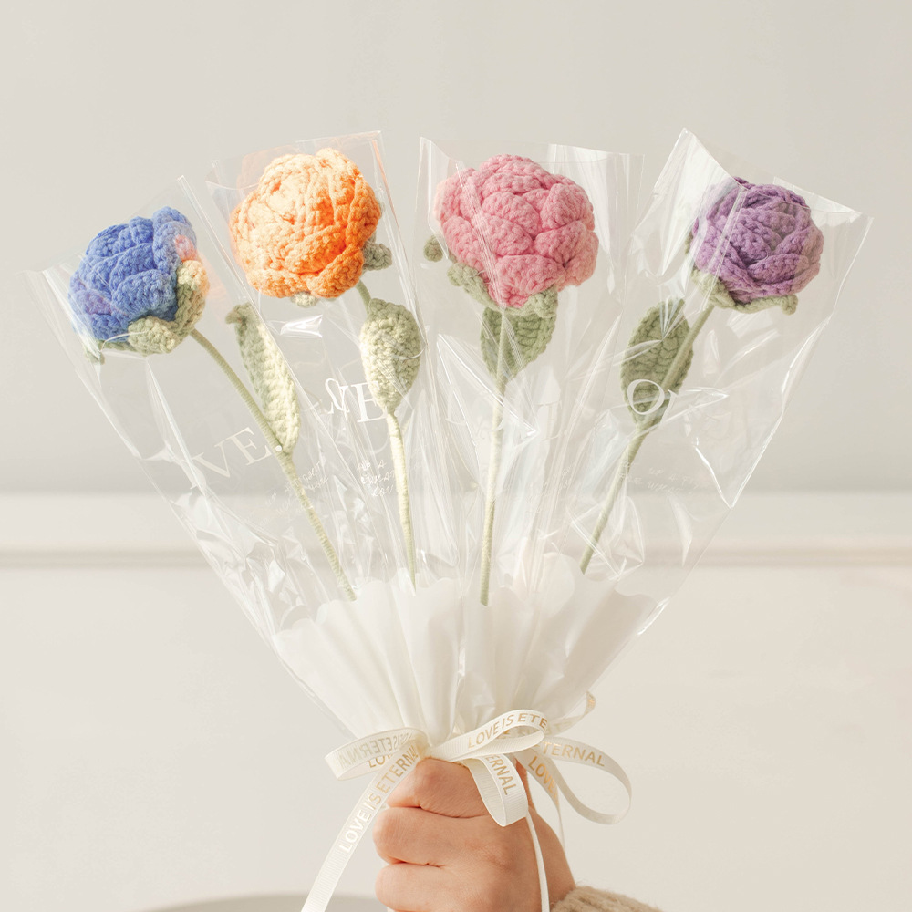 Knitted rose flowers, woven flower products, handmade knitted flowers, Valentine's Day, Mother's Day, preserved flowers, gift bag flowers Application Scenario