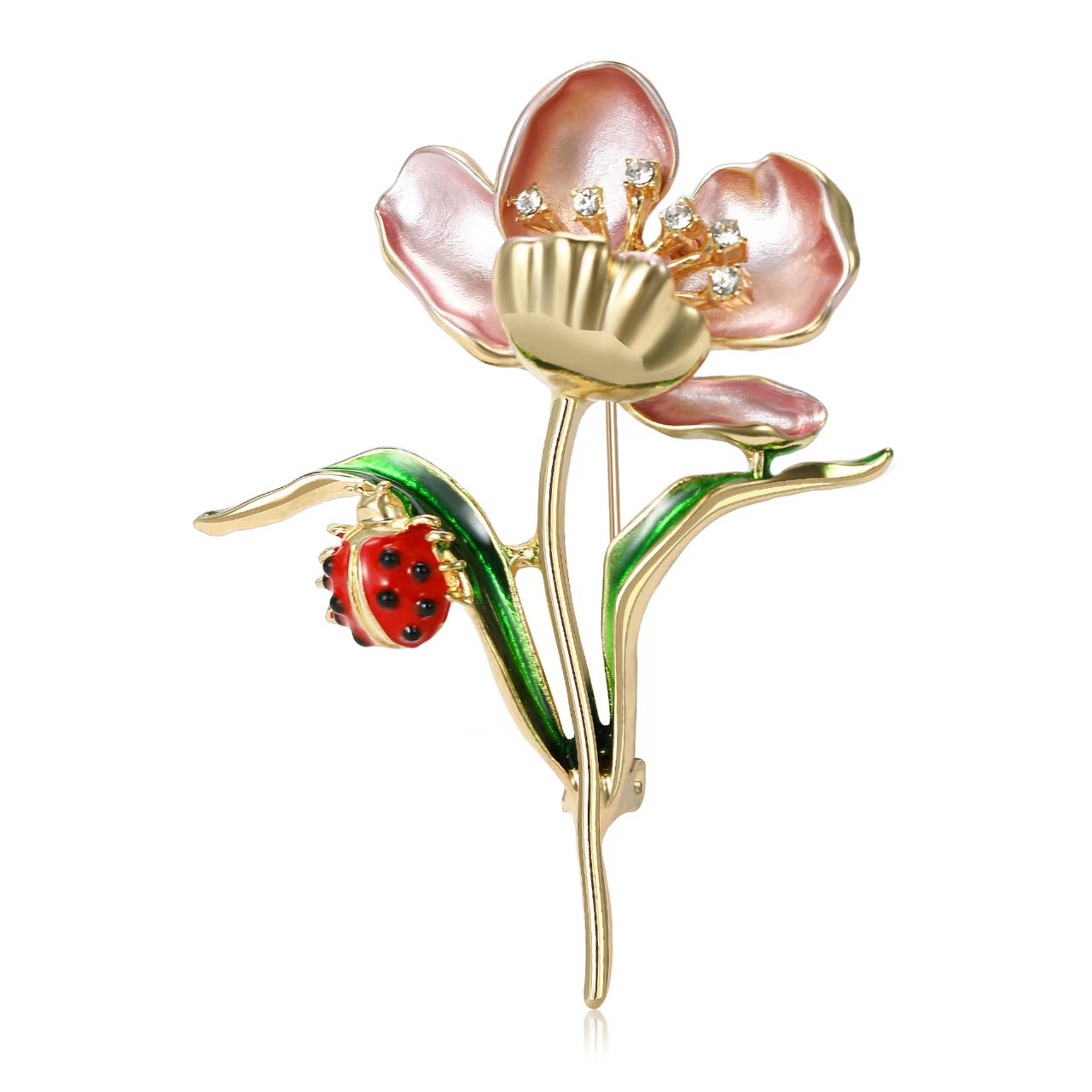 Chinese-style fashionable water diamond enamel ladybug lotus brooch, high-end and exquisite ladies' coat, corsage accessory, plant pic 2