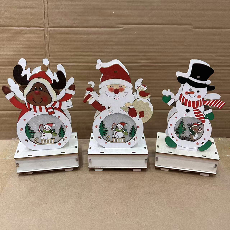 亚马逊圣诞节木质装饰品圣诞老人雪人桌面摆件家居派对木质工艺品