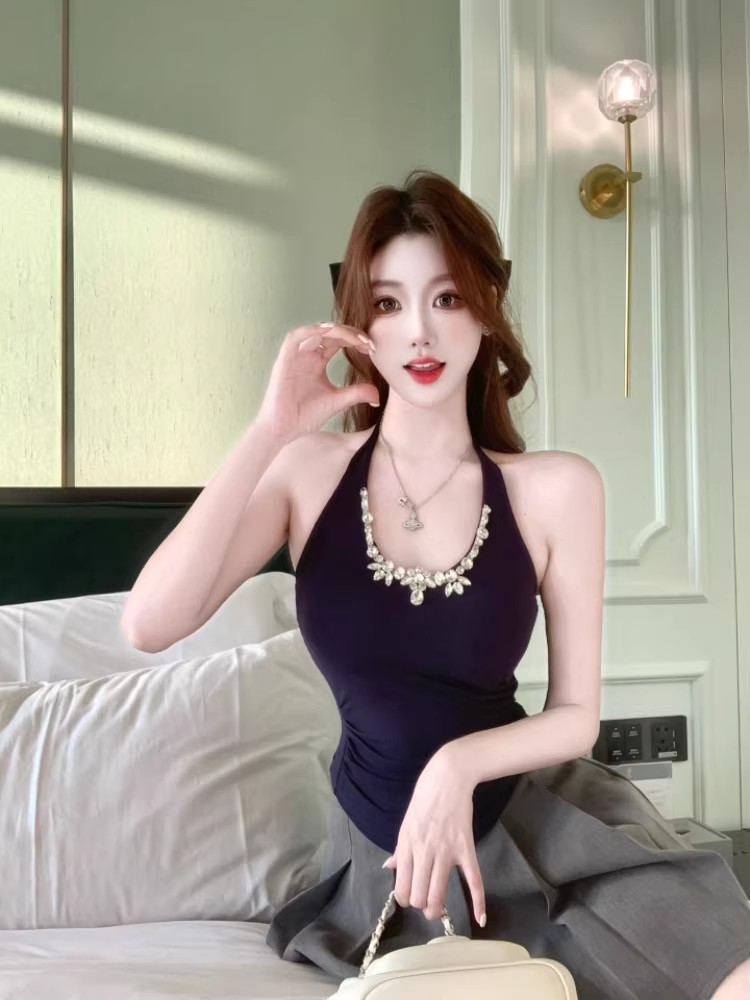 名媛镶钻挂脖吊带背心女夏纯欲v领抹胸小上衣带胸垫内搭泰式绝美详情9