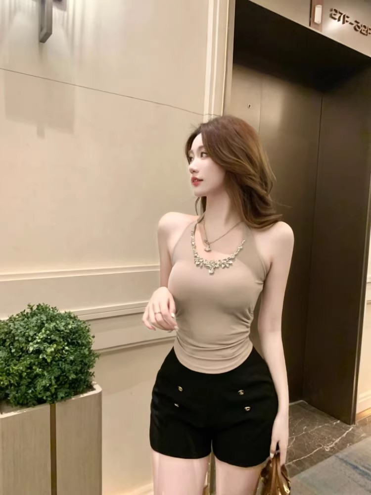 名媛镶钻挂脖吊带背心女夏纯欲v领抹胸小上衣带胸垫内搭泰式绝美详情13