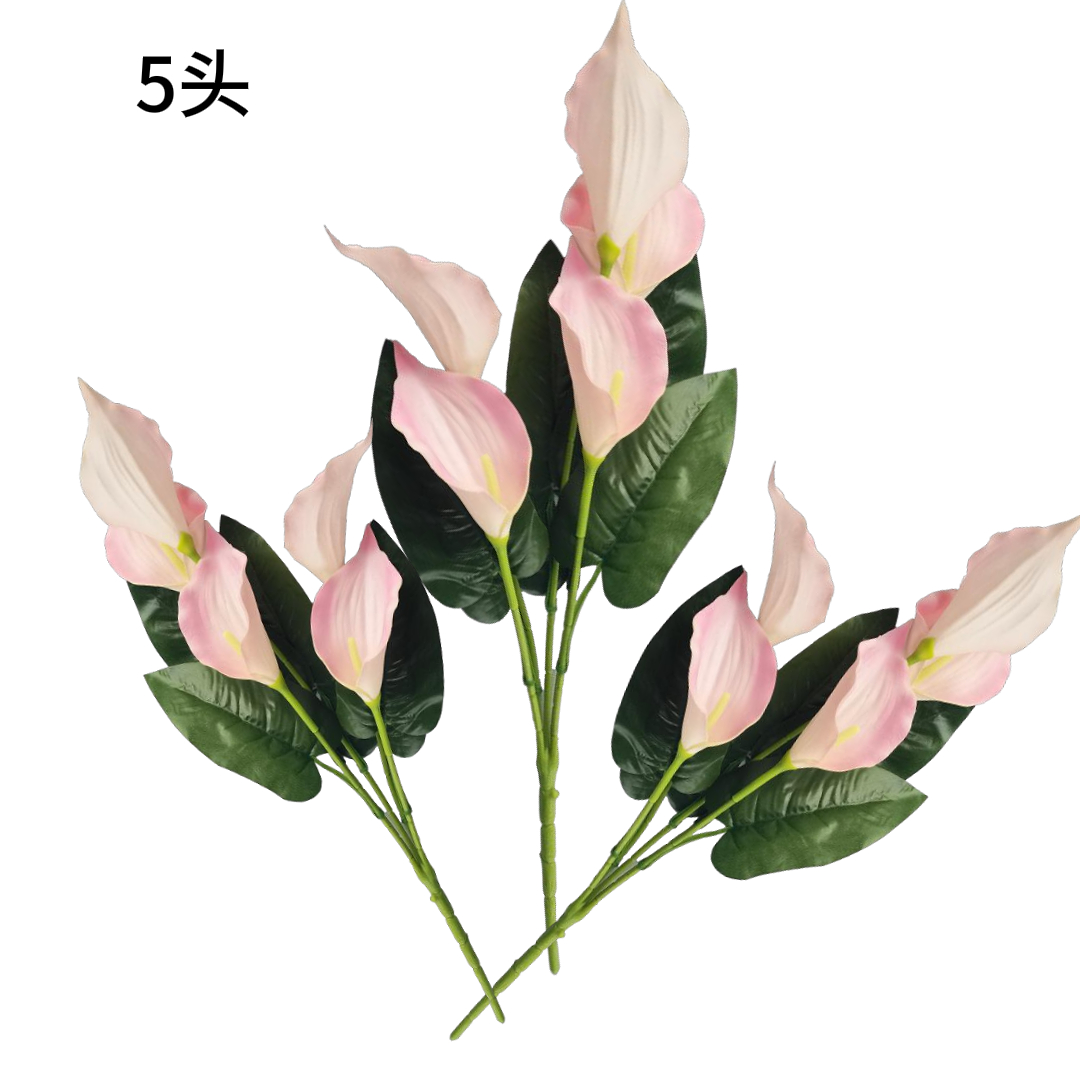 Pink flower bouquet, 5-head calla lily bouquet, artificial flower bucket, home decoration, flower basket, bamboo weaving, flower art, willow weaving Specification image