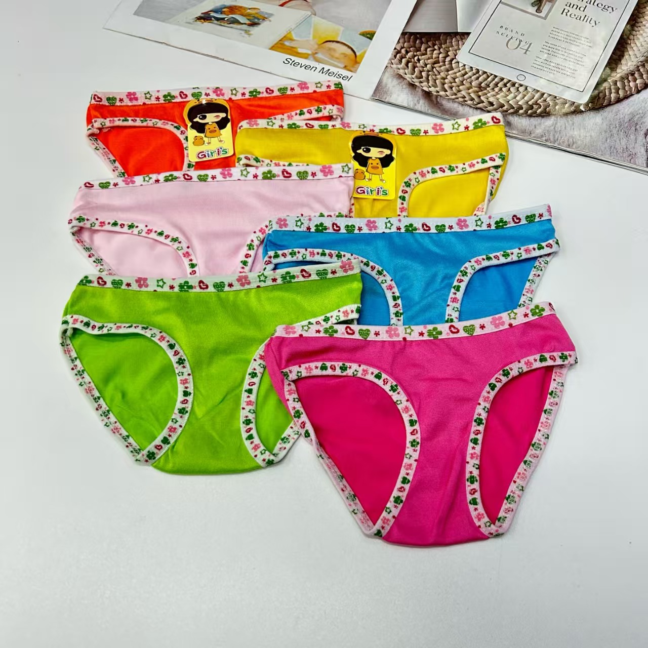 DD-551-8# Export Underwear for Children's wear, children's color hemming, flower print waist, children's underwear, women's triangle pants, comfortable and breathable underwear, women's QNI Item Picture