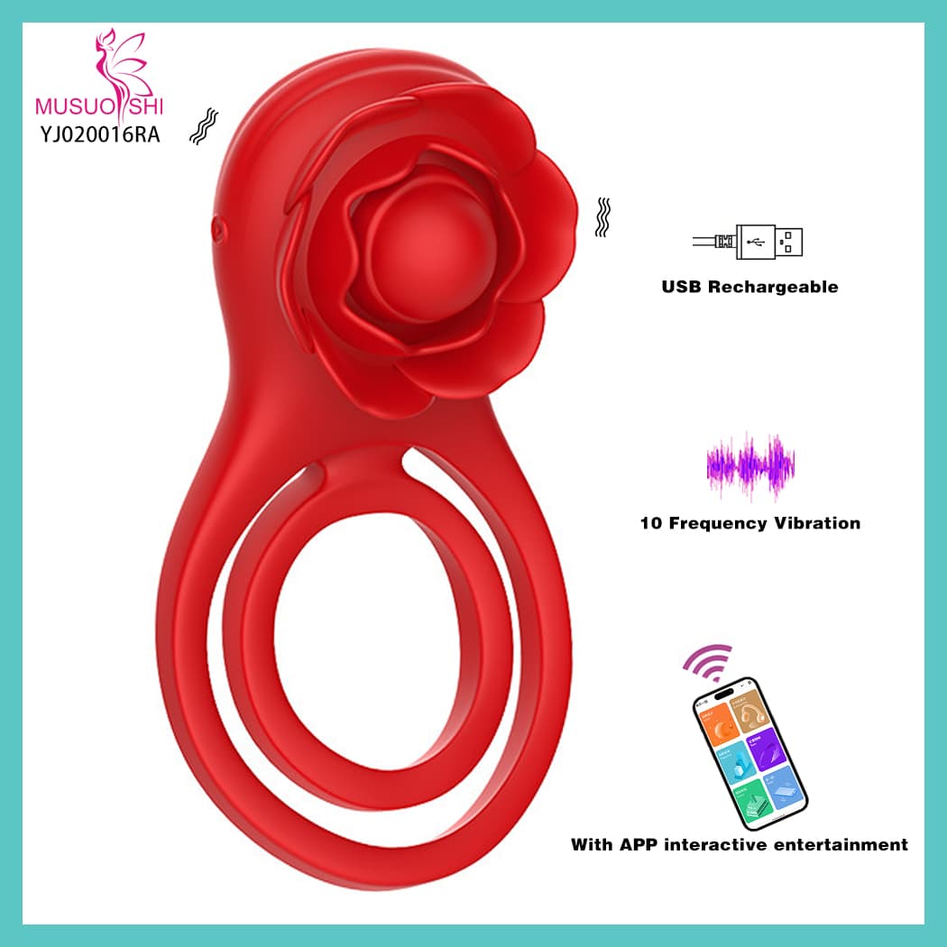 YJ020016RA  APP Control Wearable Sex Simulator Vibrating Double Cock Ring sex toys Red Rose-Shaped USB Rechargeable Vibration Ring with App Control full figure