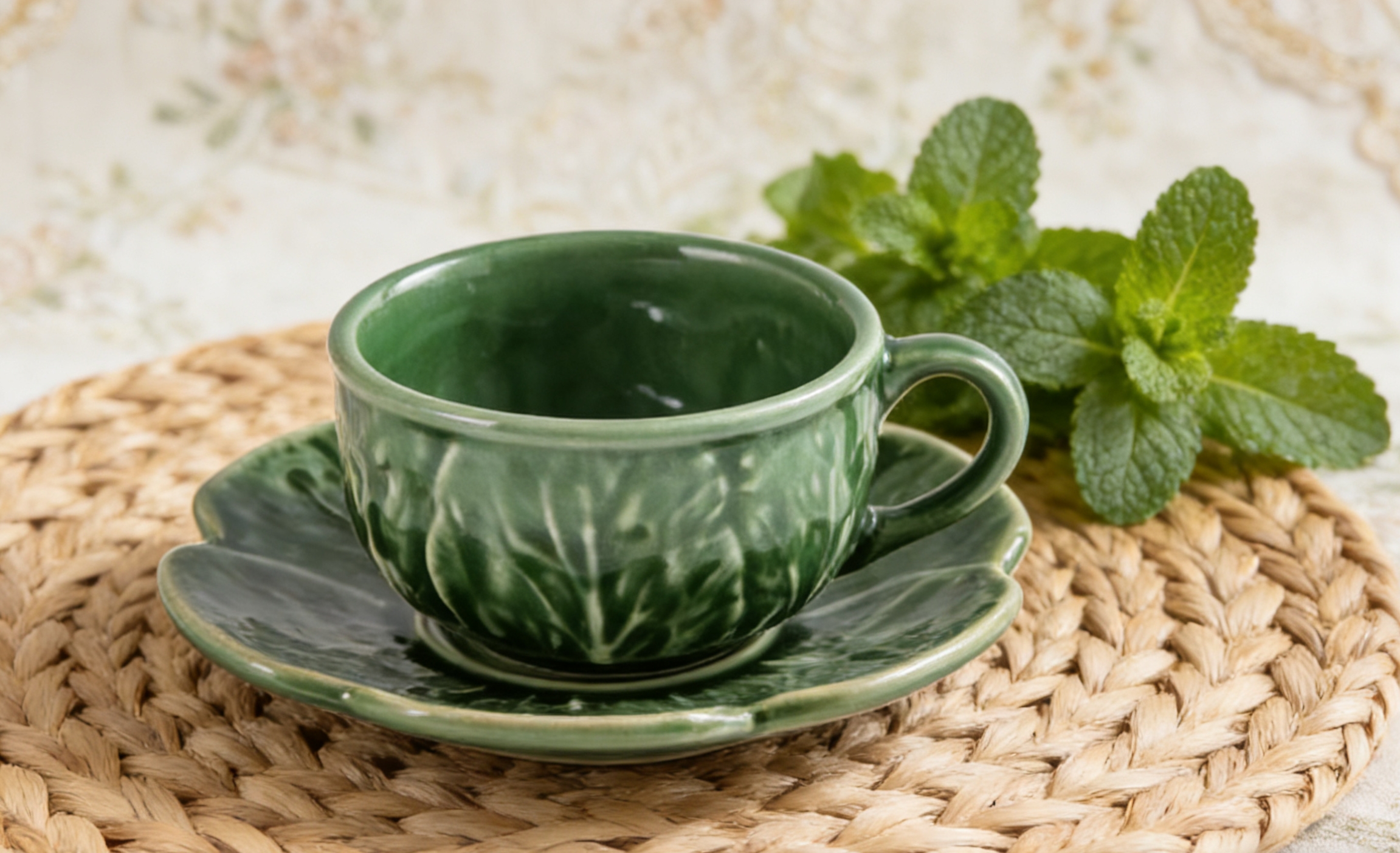 复古田园风绿釉浮雕杯碟套装 家用下午茶陶瓷咖啡杯