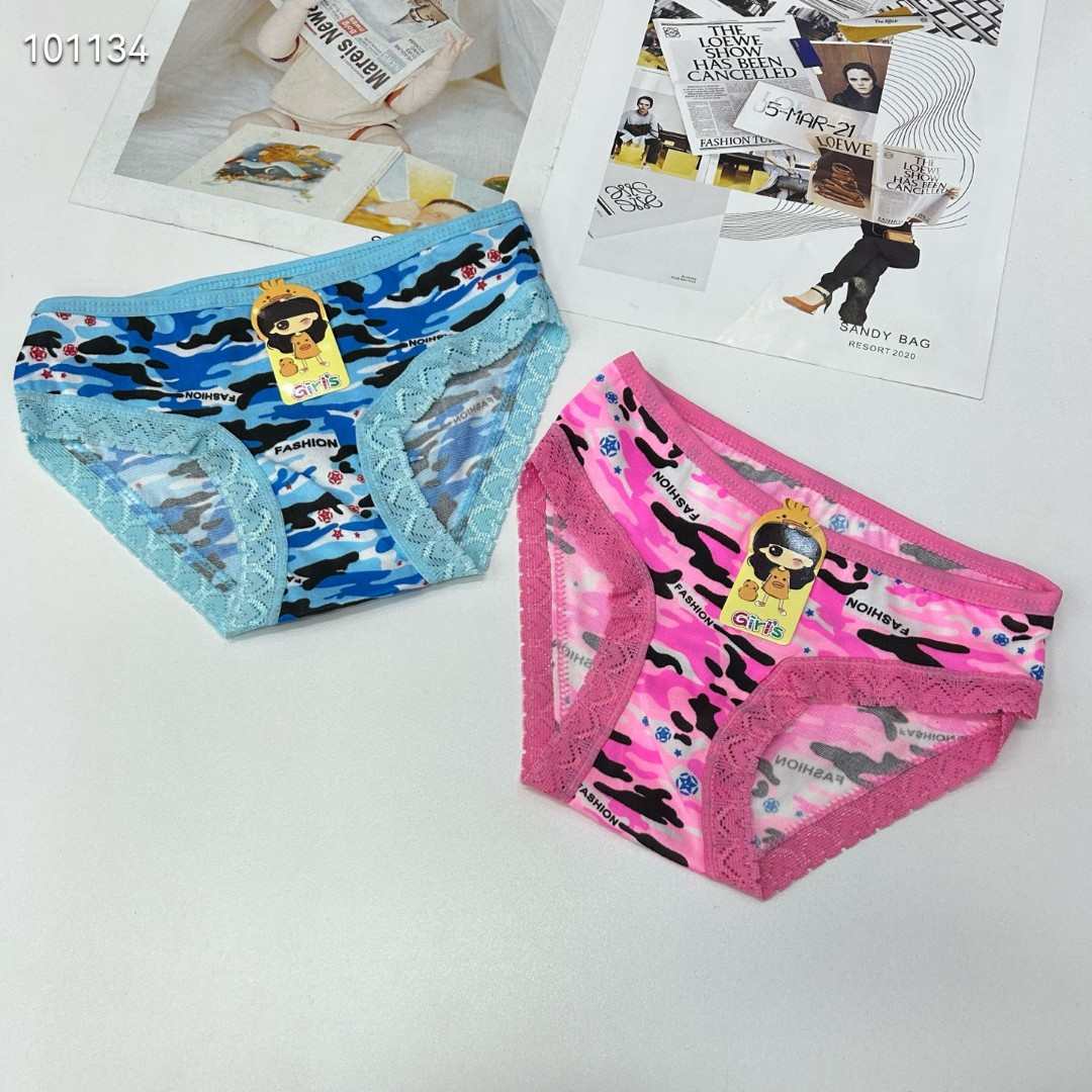 DD-8571# Export Underwear for Girls, comfortable, breathable and loose underwear, Children's Clothing, colorful camouflage printed triangle pants, lace hemmed underwear, Children's underwear, QNI Specification drawing