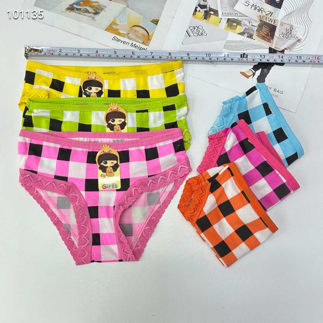 DD-317# Export Underwear for Girls, Comfortable, breathable and loose underwear, Children's clothing, checkered pattern printed leggings, lace hemmed underwear, Children's underwear QNI Item Picture