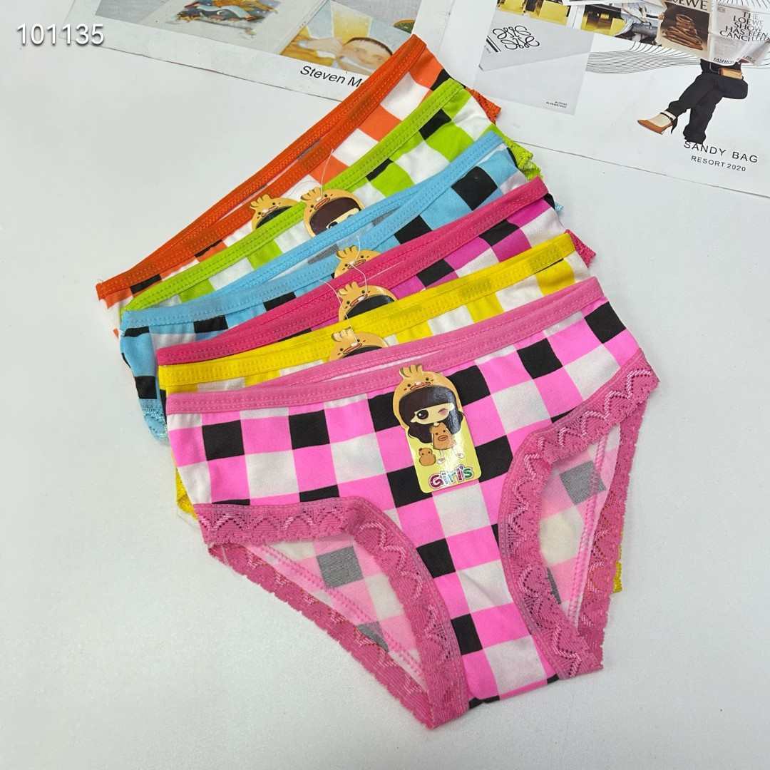 DD-317# Export Underwear for Girls, Comfortable, breathable and loose underwear, Children's clothing, checkered pattern printed leggings, lace hemmed underwear, Children's underwear QNI details Picture