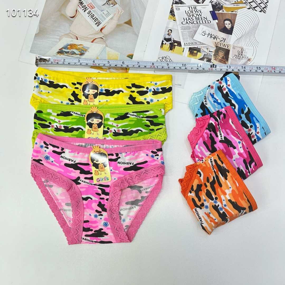 DD-8571# Export Underwear for Girls, comfortable, breathable and loose underwear, Children's Clothing, colorful camouflage printed triangle pants, lace hemmed underwear, Children's underwear, QNI Item Picture