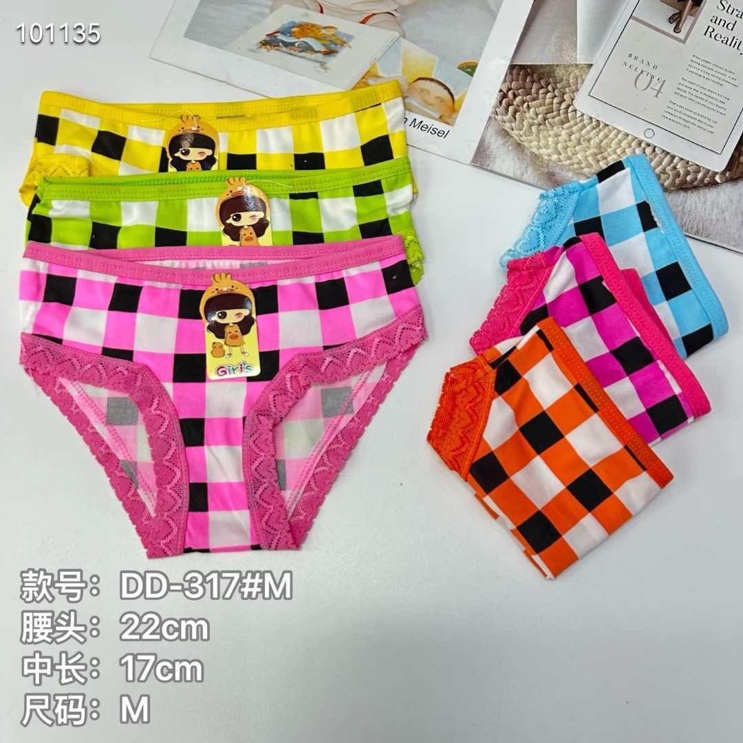 DD-317# Export Underwear for Girls, Comfortable, breathable and loose underwear, Children's clothing, checkered pattern printed leggings, lace hemmed underwear, Children's underwear QNI full figure
