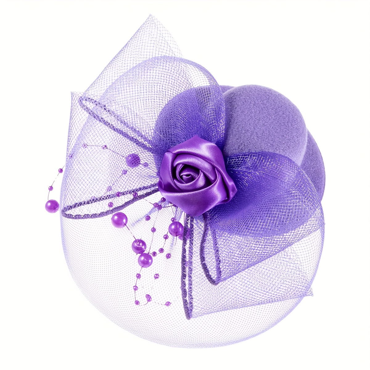 A hand-decorated hat with feather, flower and tulle for ladies is suitable for carnival, Christmas, Halloween, tea parties, birthdays, horse races, wedding headwear, Derby hats and church hats. It features a clipper design Item Picture