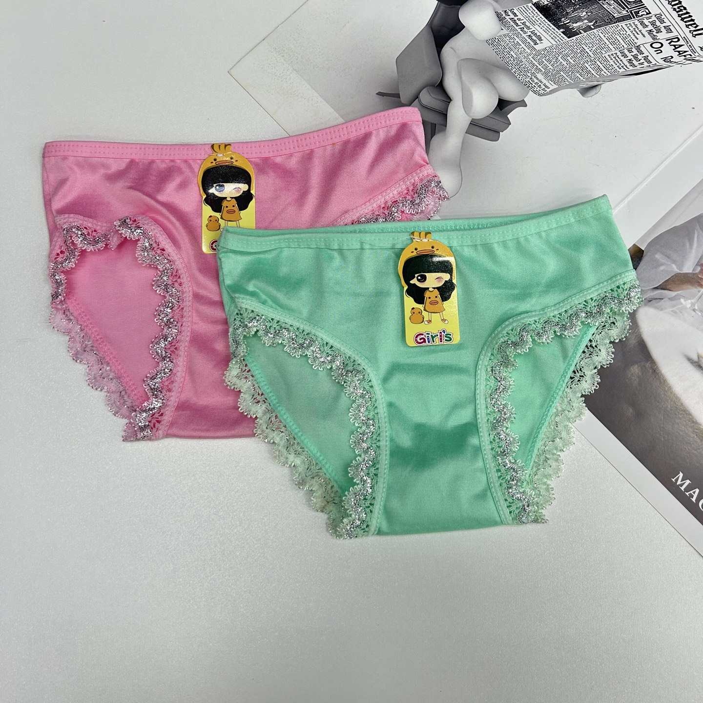 DD-551-2# Export Underwear for Girls, Comfortable and breathable Underwear for Children, solid color lace-trimmed printed triangle pants for girls, Children's underwear QNI Item Picture