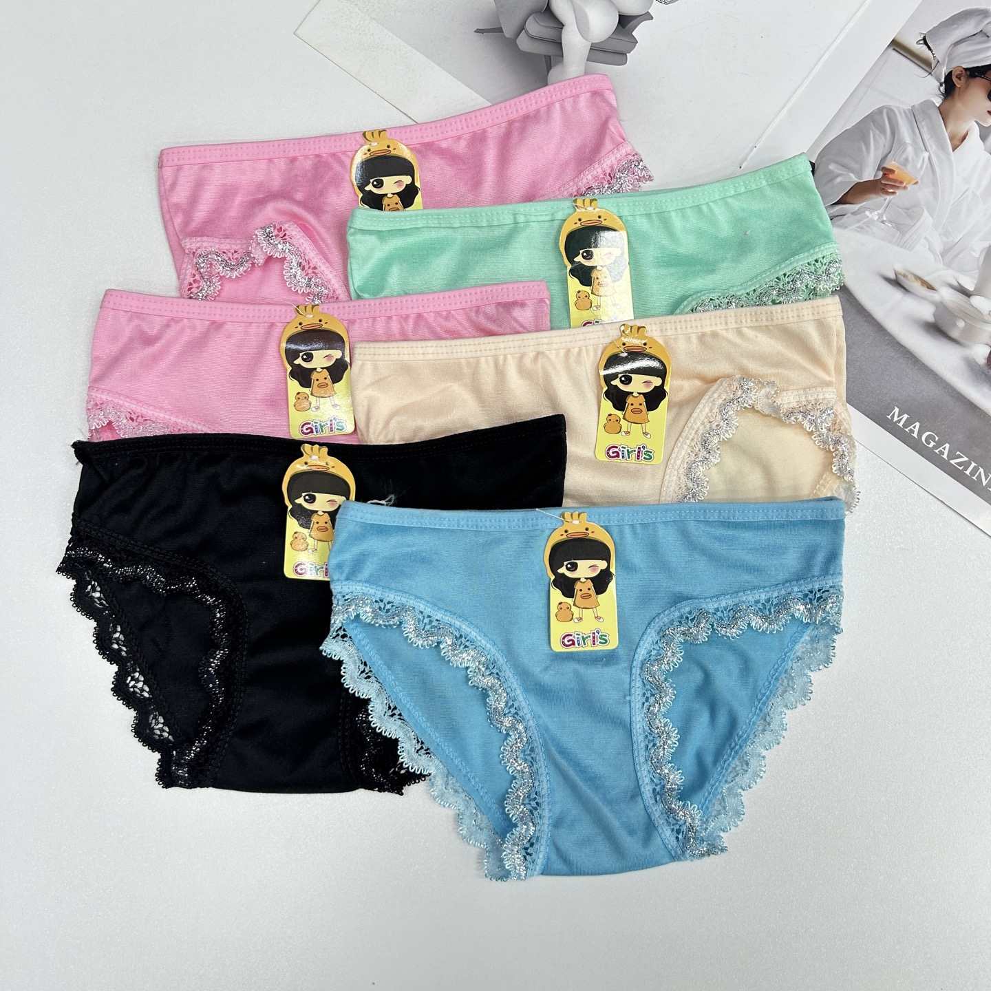 DD-551-2# Export Underwear for Girls, Comfortable and breathable Underwear for Children, solid color lace-trimmed printed triangle pants for girls, Children's underwear QNI Specification drawing