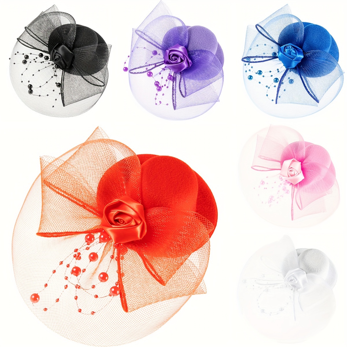 A hand-decorated hat with feather, flower and tulle for ladies is suitable for carnival, Christmas, Halloween, tea parties, birthdays, horse races, wedding headwear, Derby hats and church hats. It features a clipper design