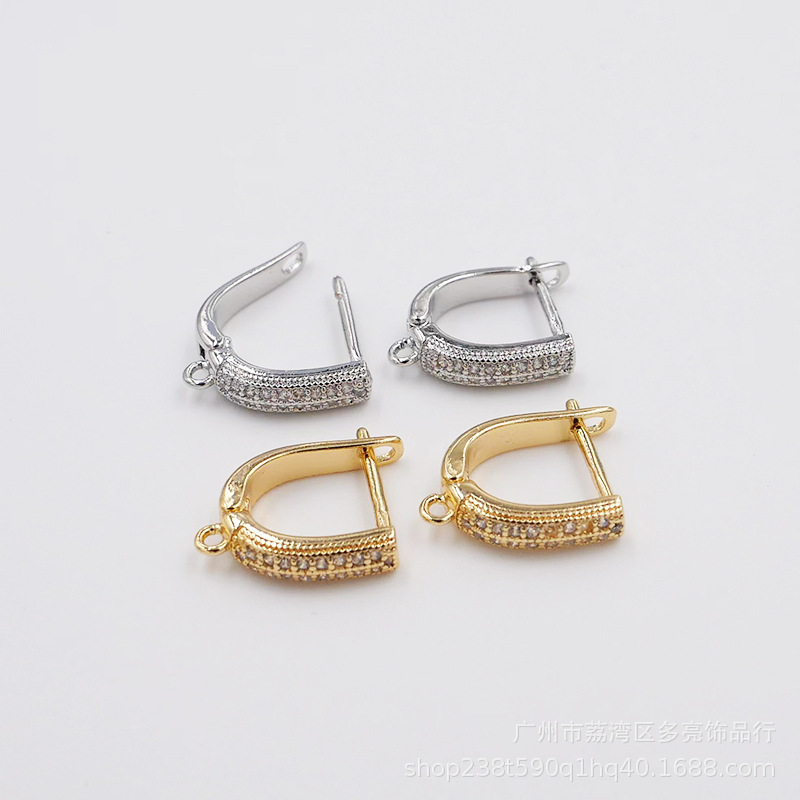 铜耳环电镀18K金色耳环耳饰镶锆石耳扣带吊圈配件饰品批发