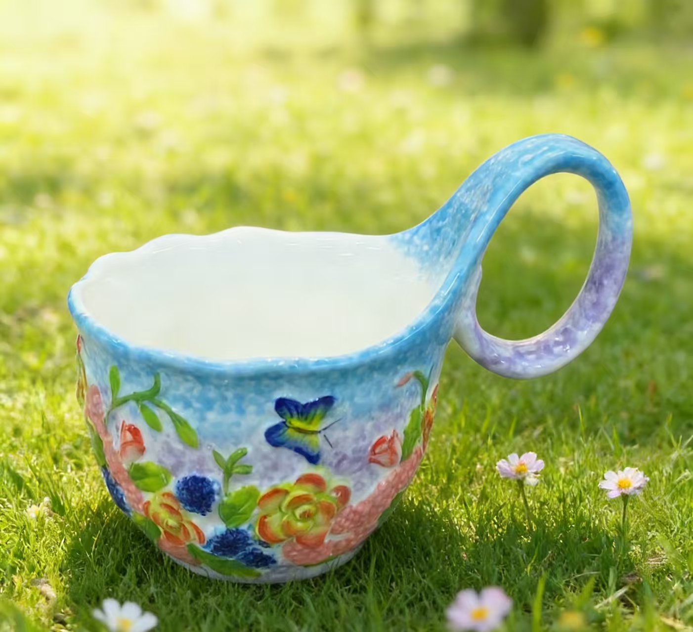 田园风碎花釉下彩陶瓷杯 创意大耳柄咖啡杯 家用高颜值早餐杯