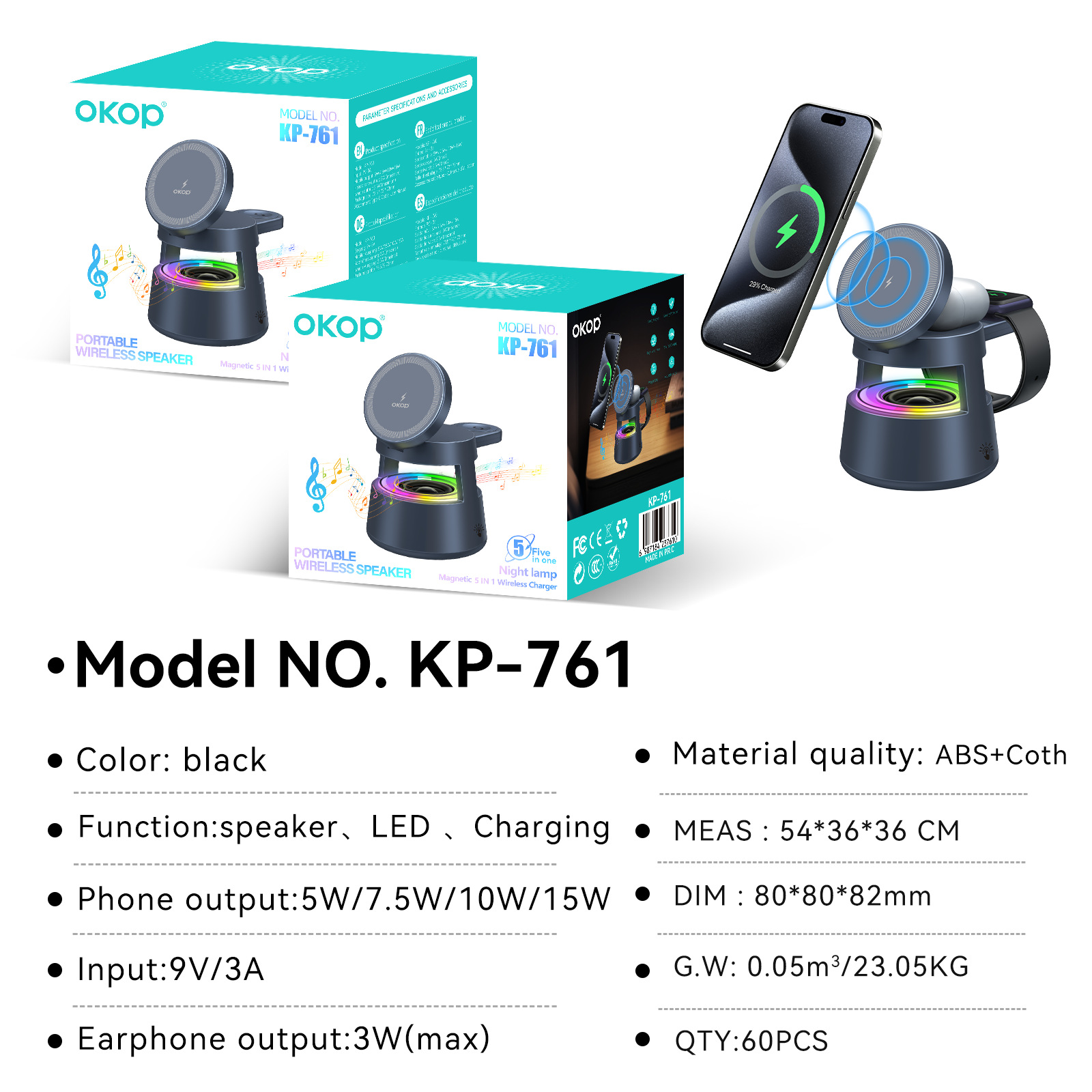 761 5-in-1 Bluetooth Speaker, 15w wireless magnetized phone stand, ambient light, desktop mini speaker, cross-border Application Scenario