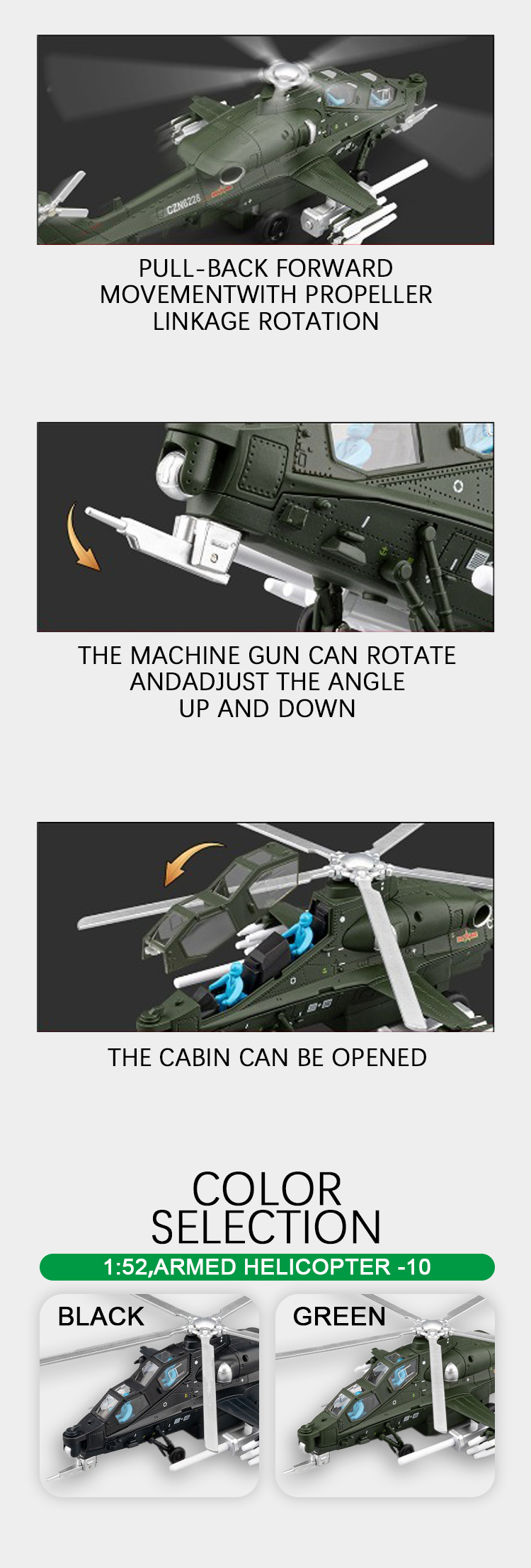 1:52 Armed Helicopter -10 simulation alloy model Metal toy ornament, Rebound Sound and Light Boy toy pic 5