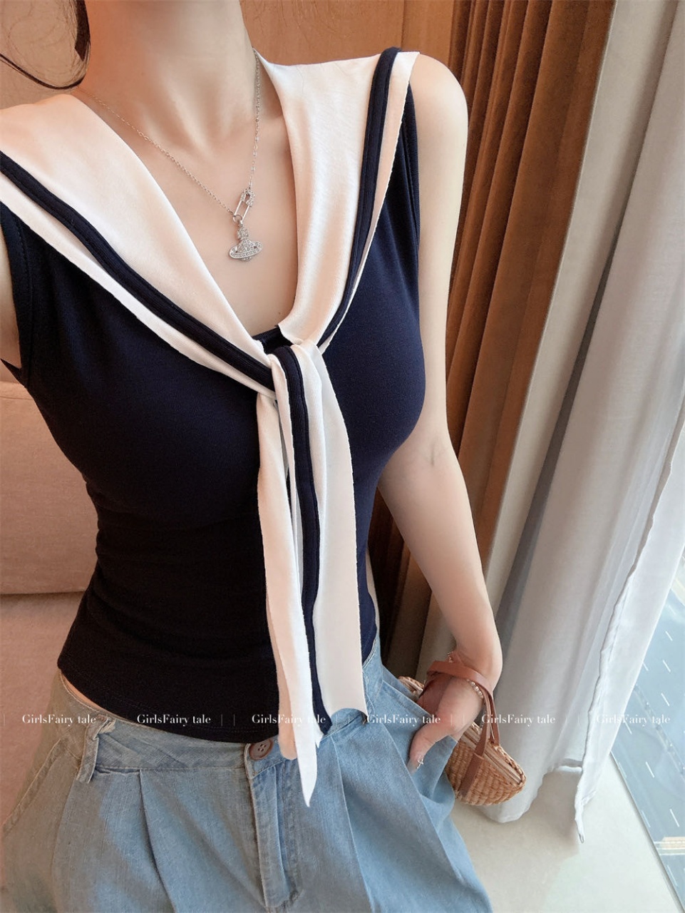 College-style navy collar contrasting color knitted unique sleeveless vest for women, a perfect summer slimming and form-fitting cropped top pic 3
