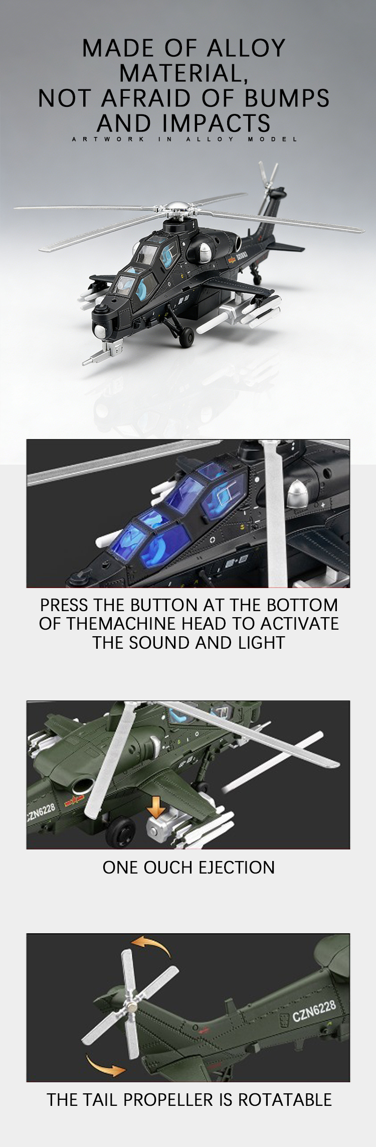 1:52 Armed Helicopter -10 simulation alloy model Metal toy ornament, Rebound Sound and Light Boy toy pic 4