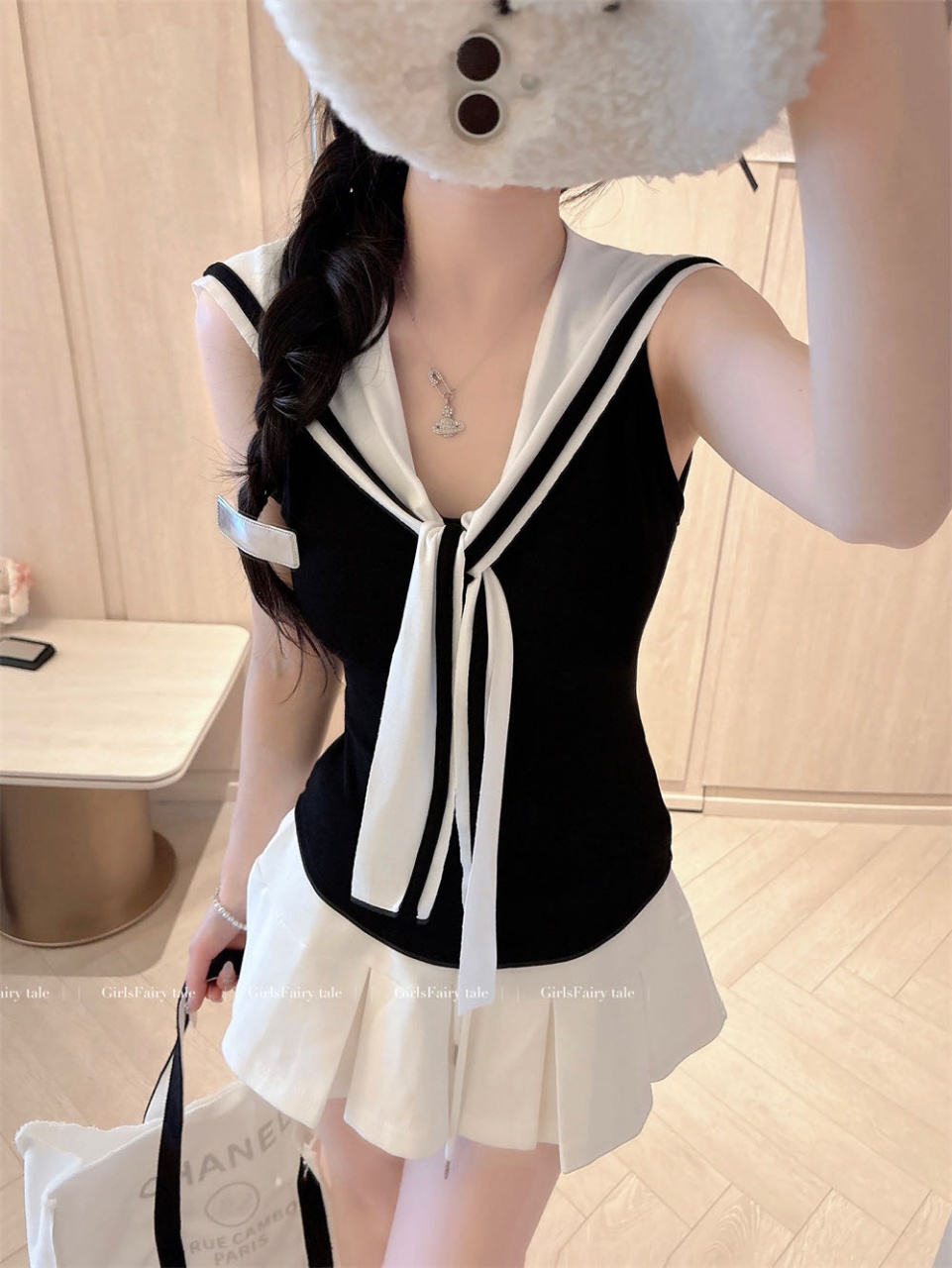 College-style navy collar contrasting color knitted unique sleeveless vest for women, a perfect summer slimming and form-fitting cropped top pic 8