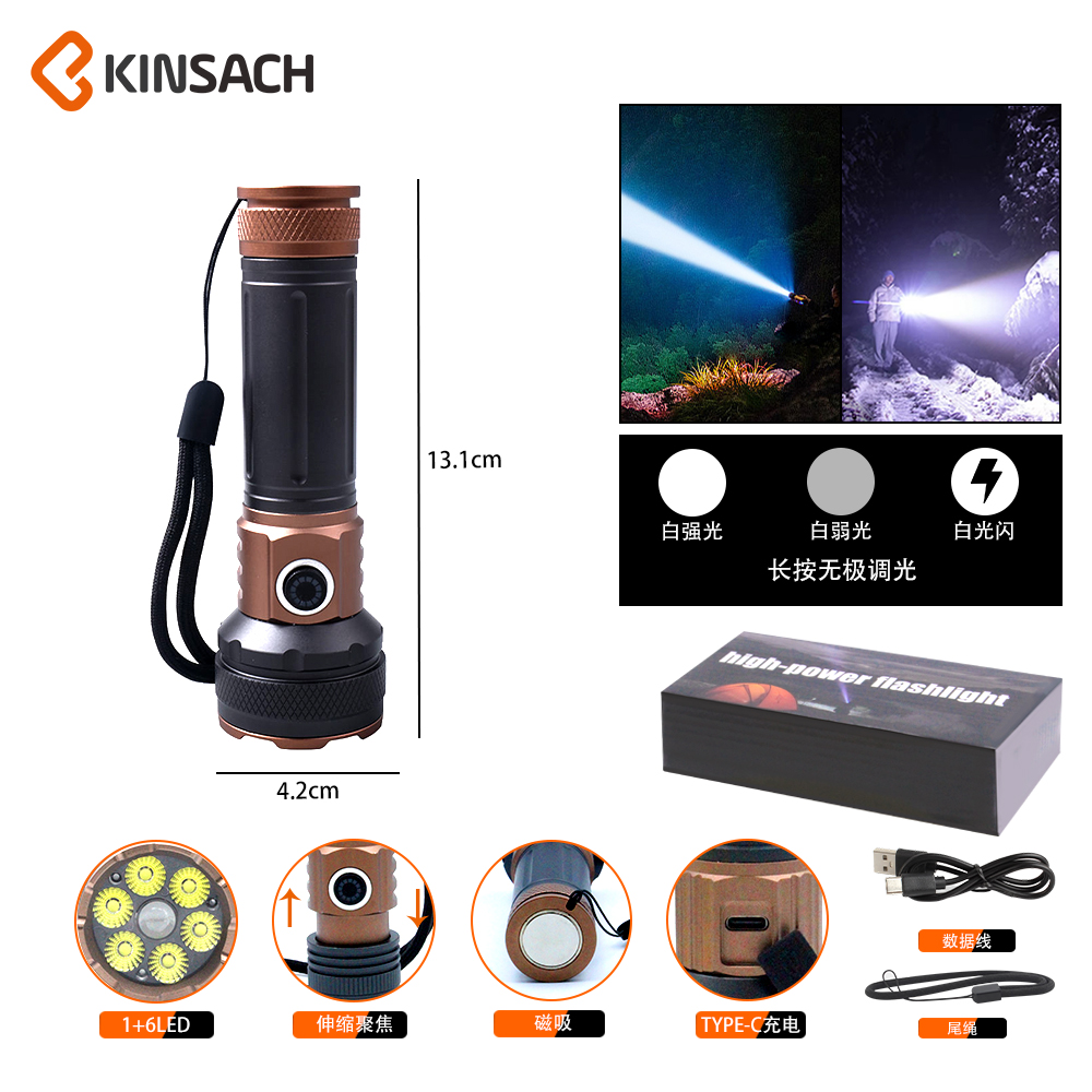 KINSACH high-intensity flashlight, mini lighting flashlight, high beam lamp, with magnetic suction at the tail details Picture