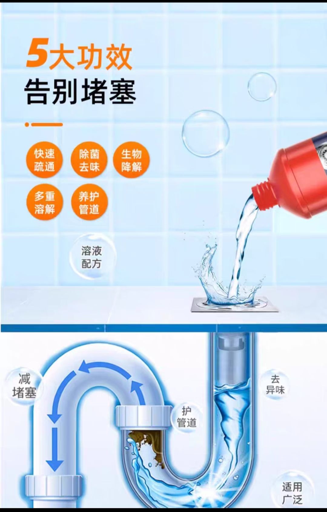 Candor Swan Pipe Unclogging Agent can dissolve hair, tea residue, food residue, grease and sludge. It is a sewer unclogging agent Specification image