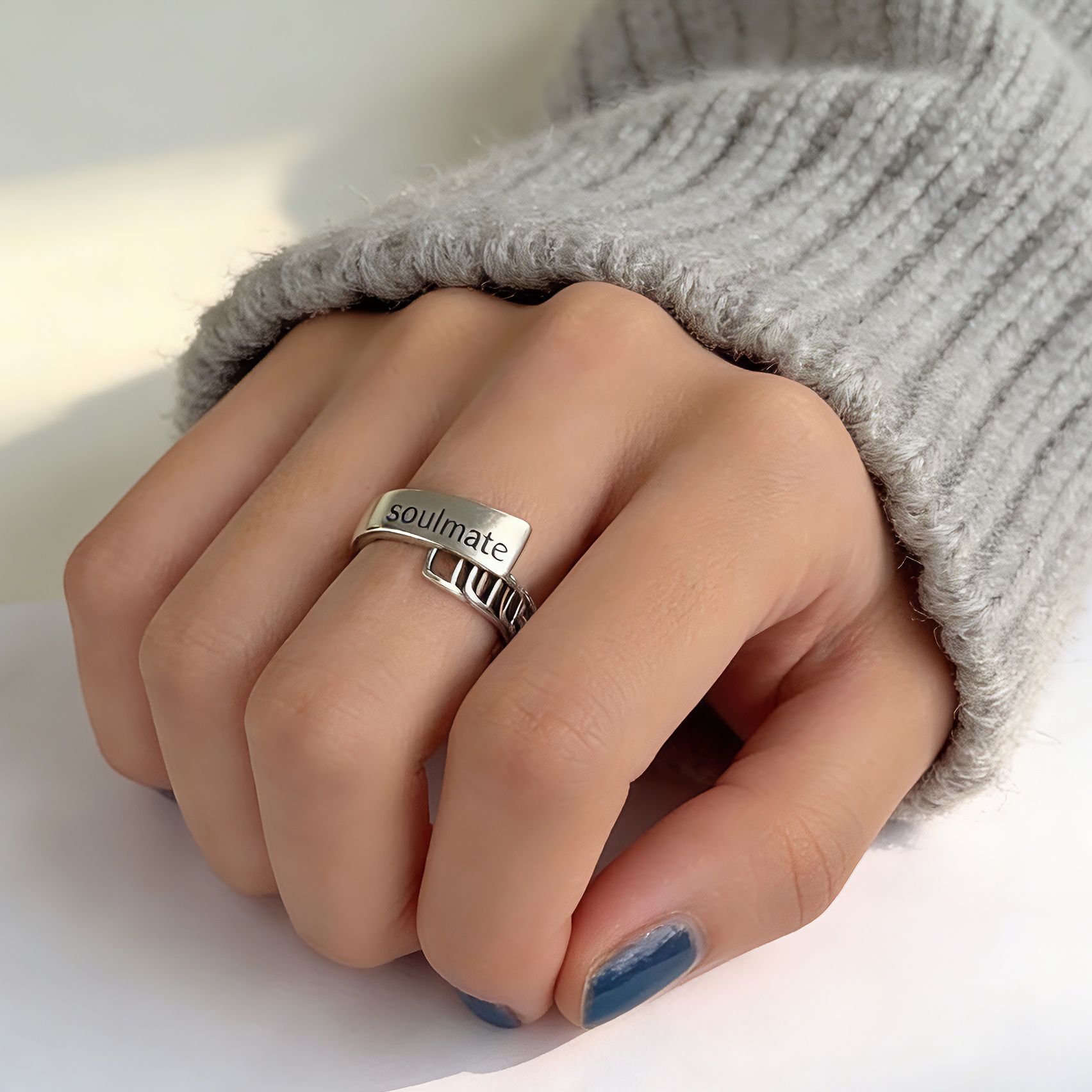 Dongdaemun, South Korea 1.2 geometric chain ring s925 pure silver female Internet celebrity cold style simple fashion retro ring Korean version s925 pure silver solid geometric smooth water drop irregular shape ring