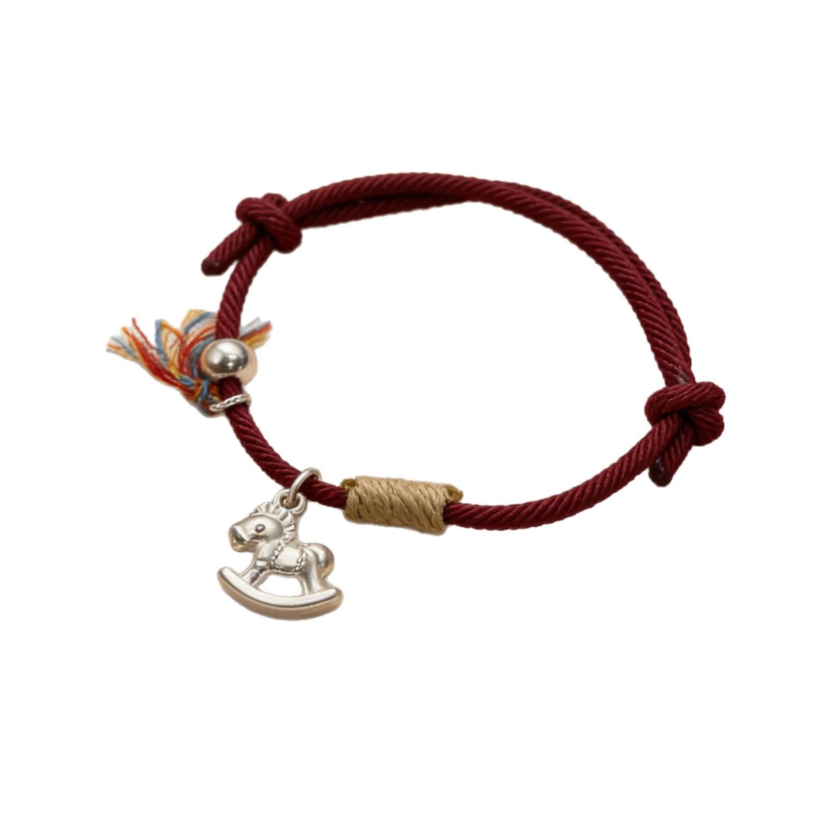 999 pure silver 1.2 wooden horse woven bracelet for women, simple new Chinese style good luck red rope, zodiac year of the Horse, trendy natural Baroque bracelet, S925 pure silver curved tube elastic bracelet, design sense Item Picture