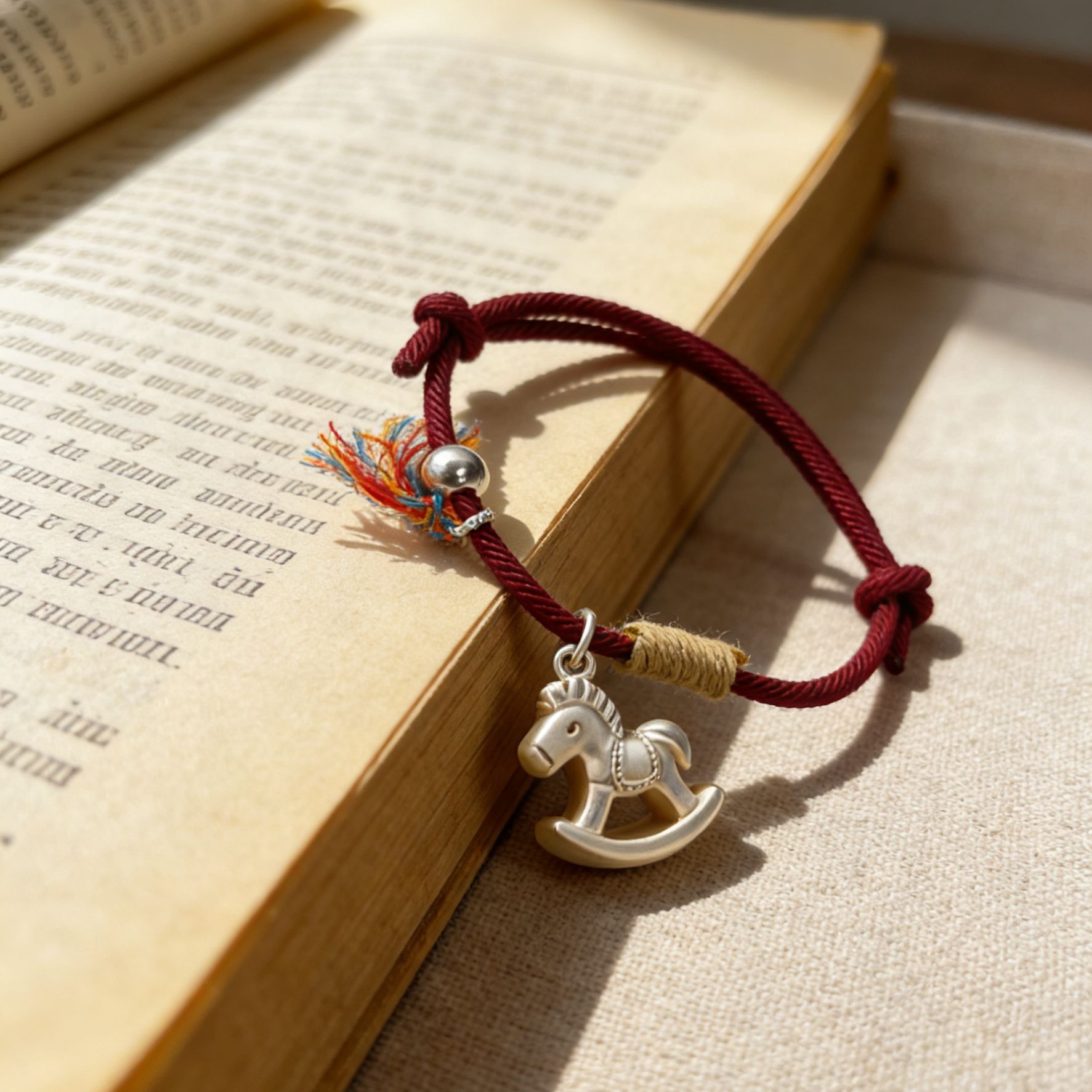 999 pure silver 1.2 wooden horse woven bracelet for women, simple new Chinese style good luck red rope, zodiac year of the Horse, trendy natural Baroque bracelet, S925 pure silver curved tube elastic bracelet, design sense details Picture