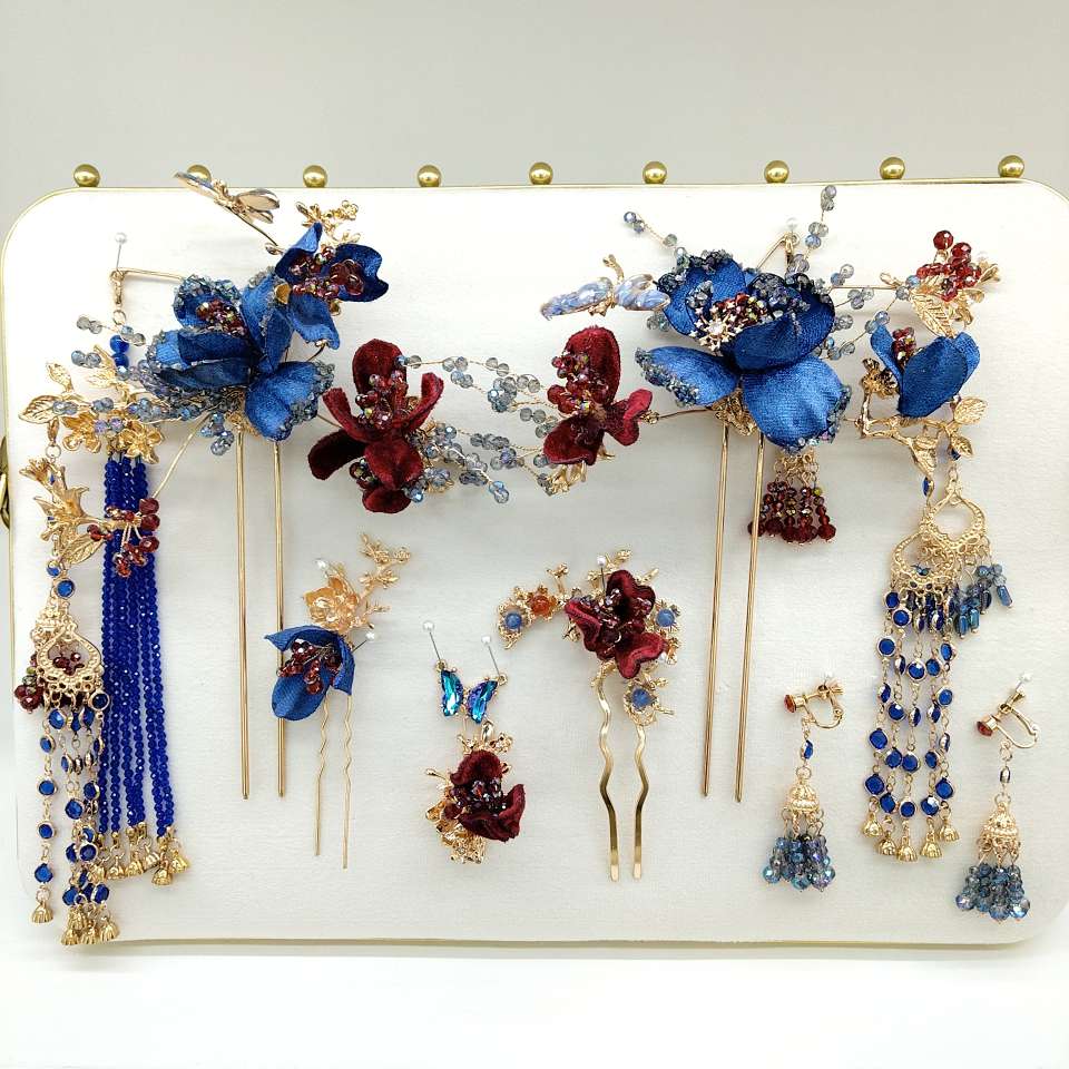 蓝红丝绒花嫁头饰套装，古风重工流苏，秀禾新娘造型必备✨