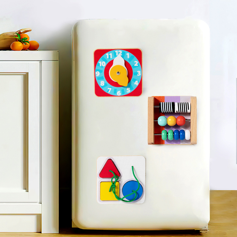 CE/CPC12 Optional Montessori children's wooden magnetic wooden early education and intelligence toys, busy module, magnetic fridge magnet, game cognition, hand-eye coordination training, figurine, clock, piano, switch, gear, bevel Item Picture
