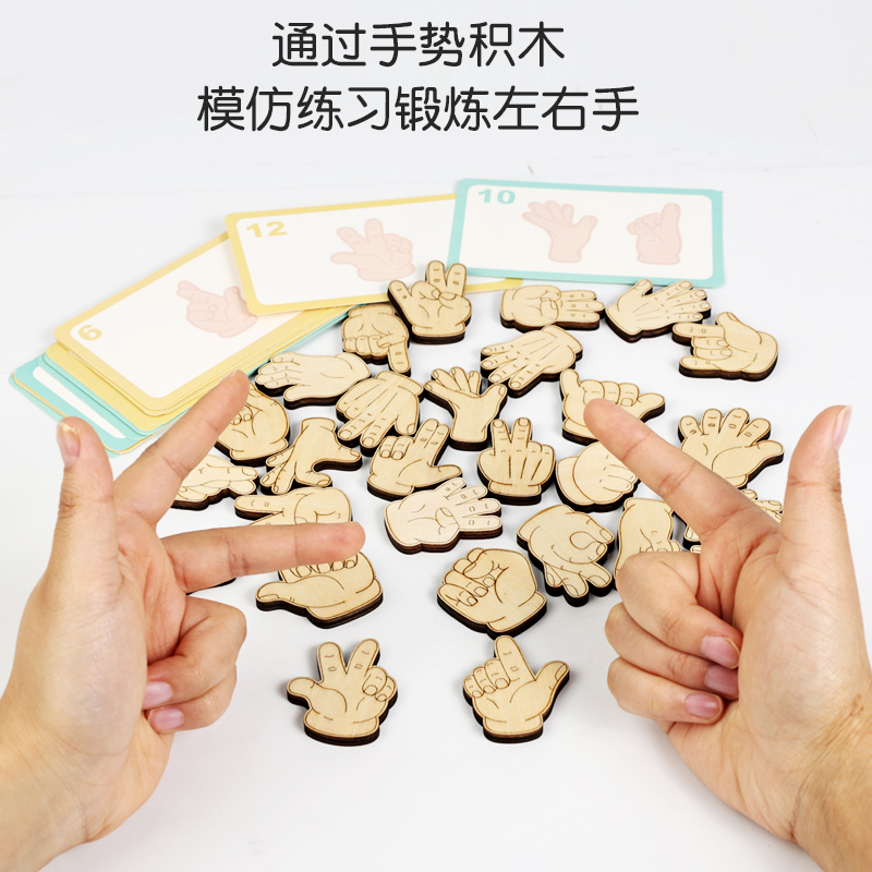Wooden gesture practice building block toys, Montessori early education children's gesture movement imitation matching puzzles, fun games, kindergarten intelligence area toys, gifts, fine motor skills, hand-eye coordination ability Specification drawing