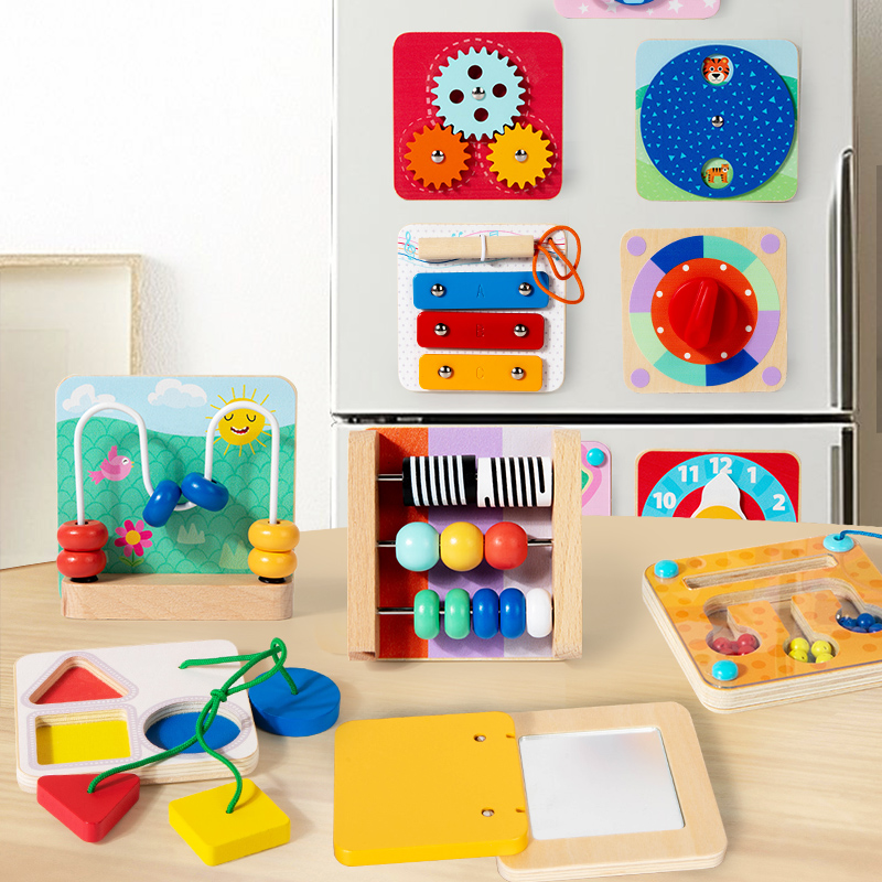 CE/CPC12 Optional Montessori children's wooden magnetic wooden early education and intelligence toys, busy module, magnetic fridge magnet, game cognition, hand-eye coordination training, figurine, clock, piano, switch, gear, bevel full figure