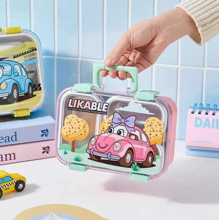 儿童卡通汽车便携饭盒 | 食品级不锈钢分格 | 带提手防漏密封 | 学生幼儿园午餐便当盒 | 多色可选详情2