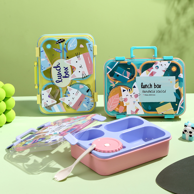可爱猫咪卡通分格饭盒 | 食品级材质便携防漏 | 带汤碗与餐具 | 学生幼儿园午餐便当盒 | 多色可选详情2