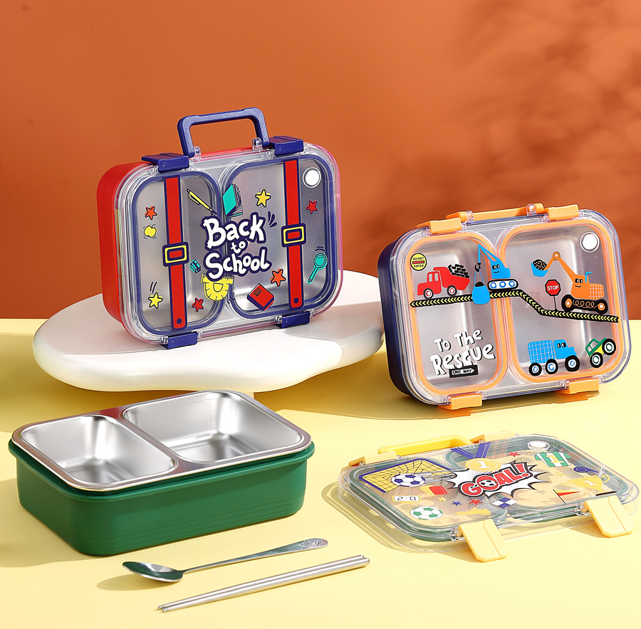 儿童不锈钢分格饭盒 | 卡通工程车 / 足球 / 返校主题 | 带提手便携防漏 | 学生幼儿园午餐便当盒 | 多色可选详情3