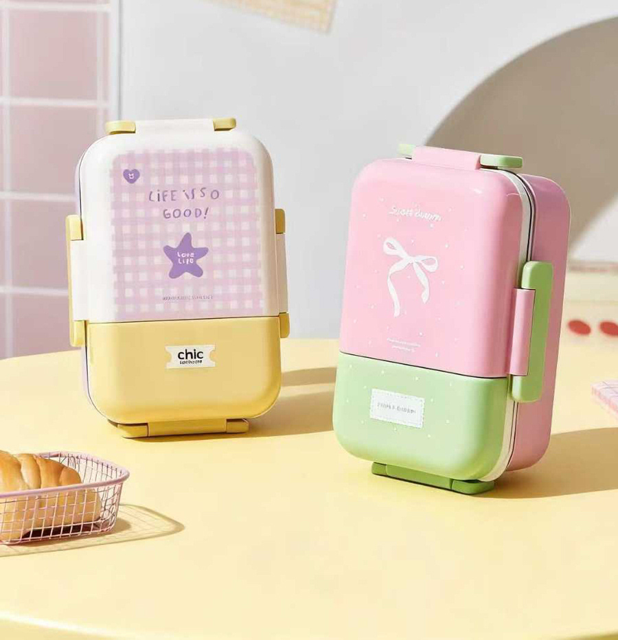 韩系 ins 风双层分格饭盒 | 少女心蝴蝶结设计 | 食品级材质便携防漏 | 学生上班族午餐便当盒 | 带餐具详情2