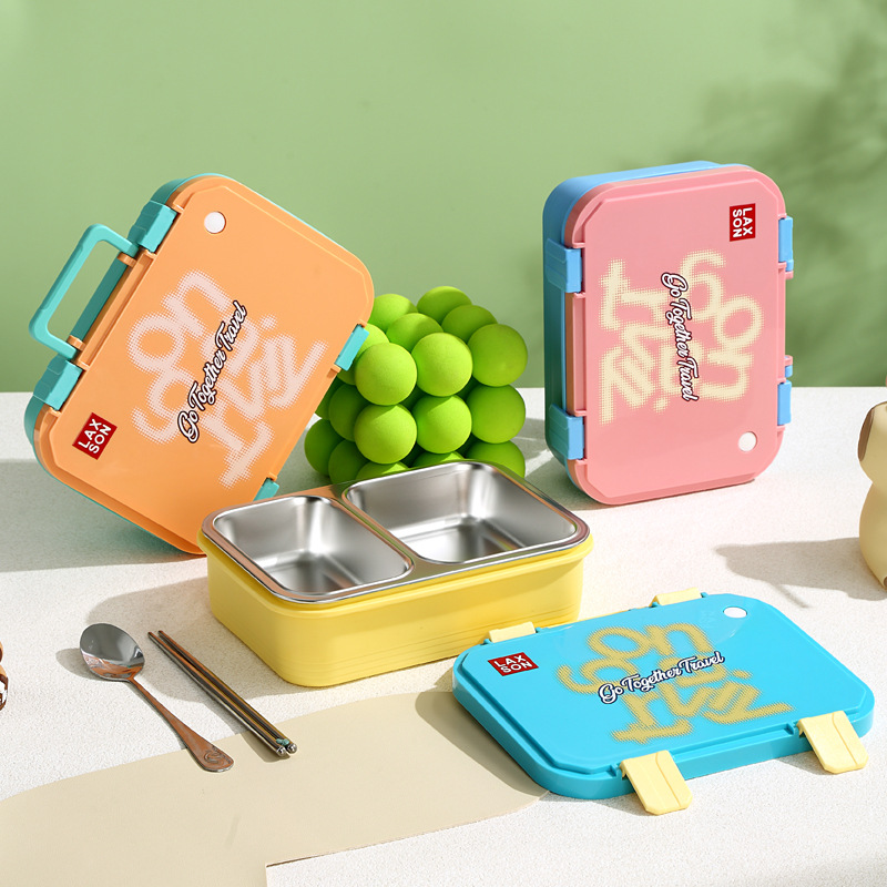 潮流撞色不锈钢分格饭盒 学生便携防漏午餐盒 带餐具食品级材质上班族便当盒详情4