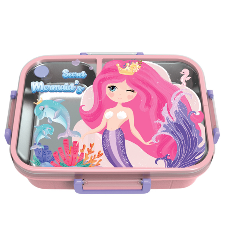 太空人美人鱼卡通不锈钢分格饭盒 学生便携防漏午餐盒 带汤碗食品级材质儿童便当盒详情2