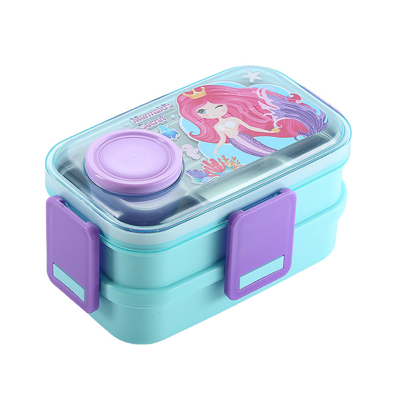 双层 304 不锈钢卡通饭盒 带独立汤碗 便携卡扣密封 儿童分格便当盒详情2