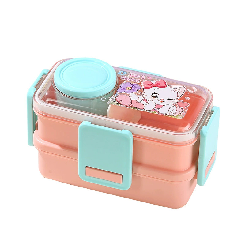 双层卡通印花饭盒 美人鱼猫咪太空人图案 带汤碗赠勺 儿童分格便当盒详情2