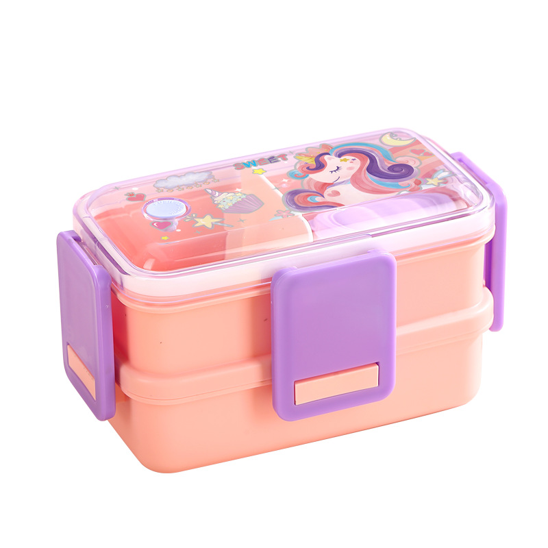 双层卡通印花饭盒 美人鱼太空人恐龙图案 带蘸料盒赠勺 儿童分格便当盒详情2